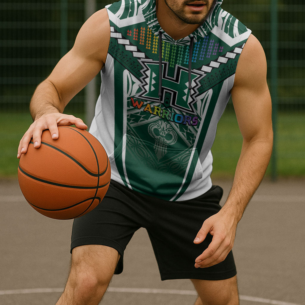 Custom Hawaii Warriors Football Sleeveless Hoodie Rainbow Kakau Pattern Green LT05 - Polynesian Pride