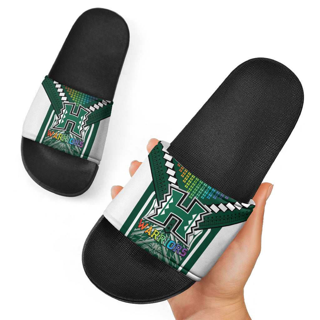 Hawaii Warriors Football Slide Sandals Rainbow Kakau Pattern Green LT05 - Polynesian Pride
