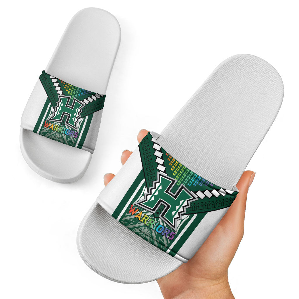 Hawaii Warriors Football Slide Sandals Rainbow Kakau Pattern Green LT05 - Polynesian Pride