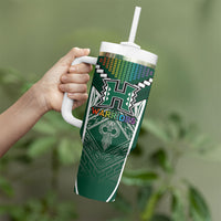 Custom Hawaii Warriors Football Tumbler With Handle Rainbow Kakau Pattern Green LT05 - Polynesian Pride