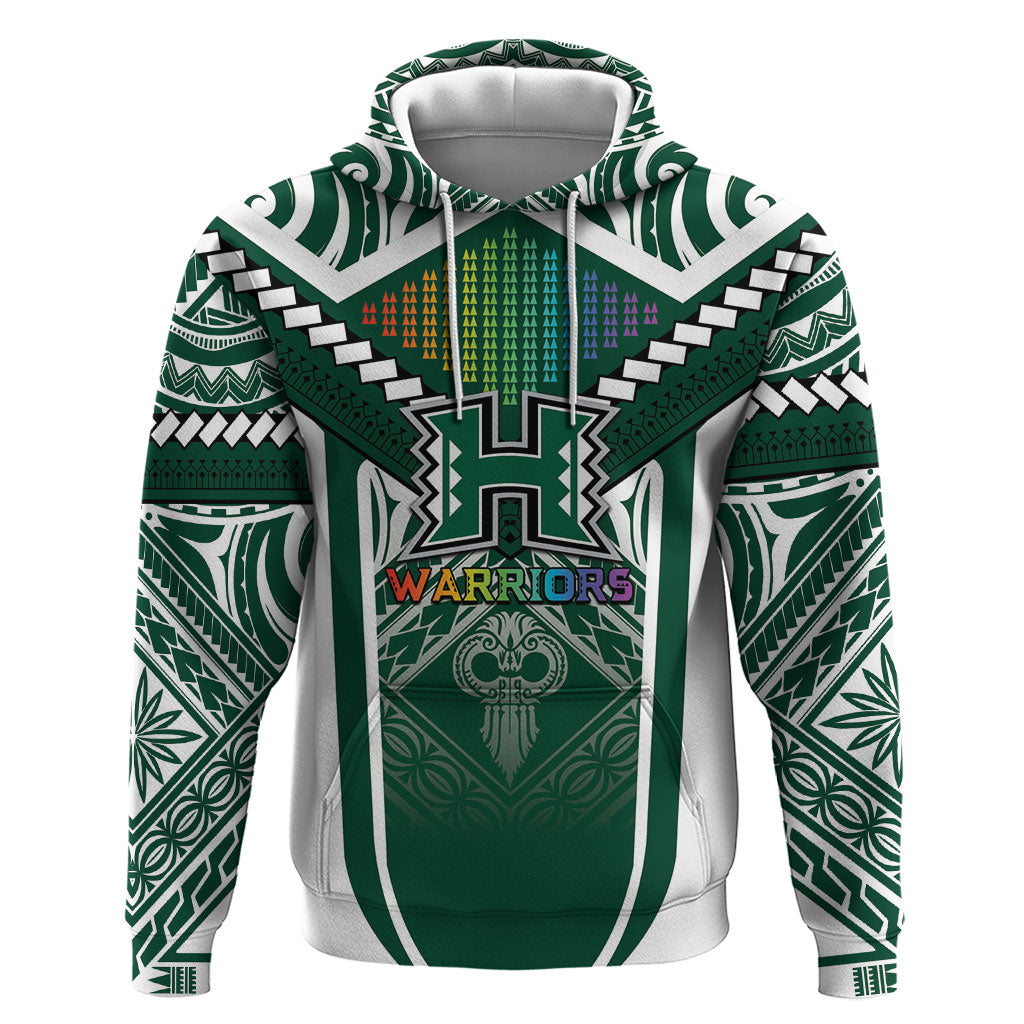 Custom Hawaii Warriors Football Zip Hoodie Rainbow Kakau Pattern Green LT05 Pullover Hoodie Green - Polynesian Pride