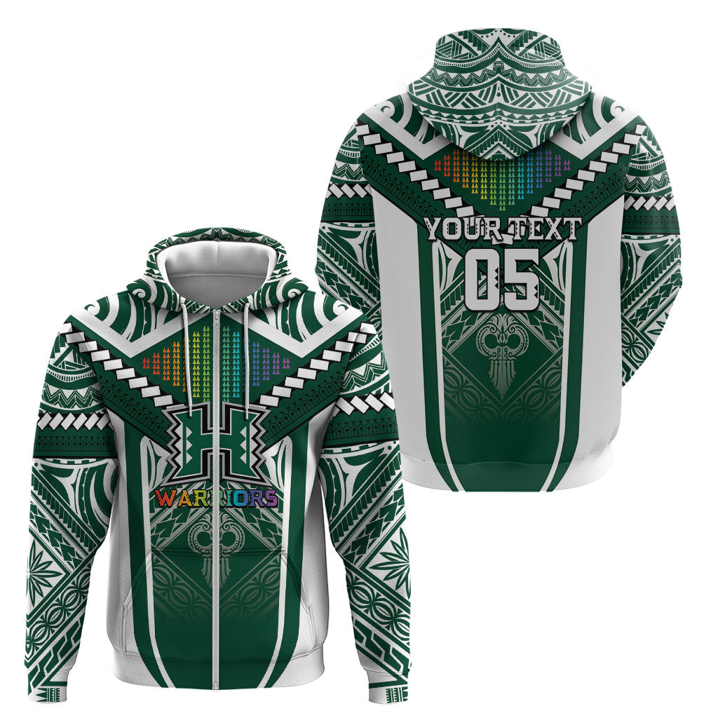 Custom Hawaii Warriors Football Zip Hoodie Rainbow Kakau Pattern Green LT05 - Polynesian Pride