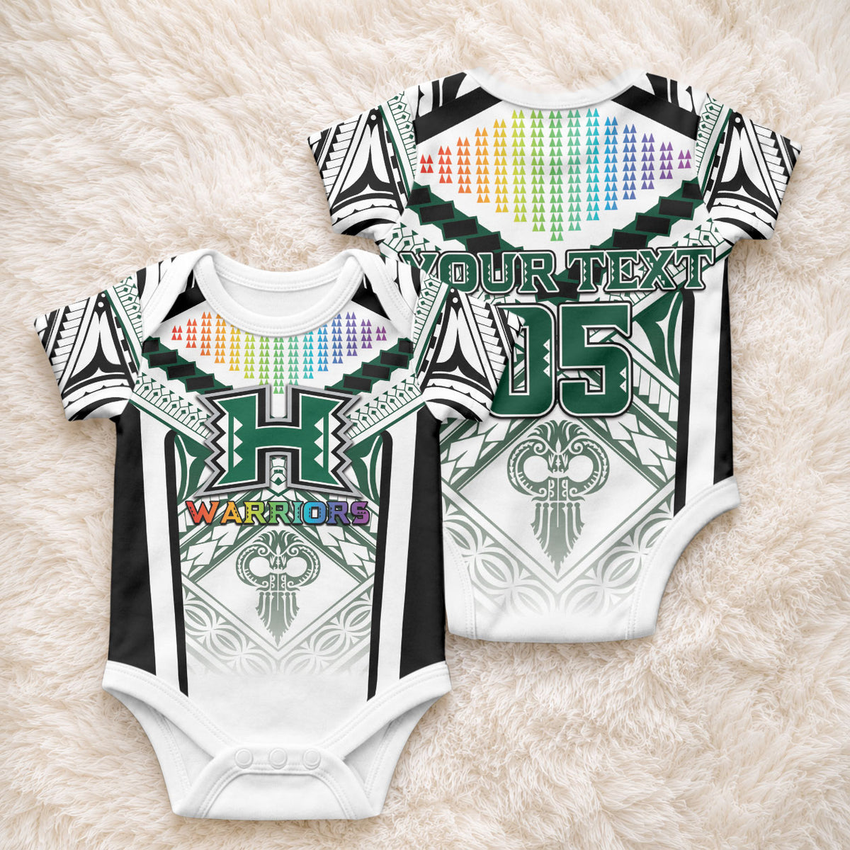 Custom Hawaii Warriors Football Baby Onesie Rainbow Kakau Pattern White LT05 - Polynesian Pride