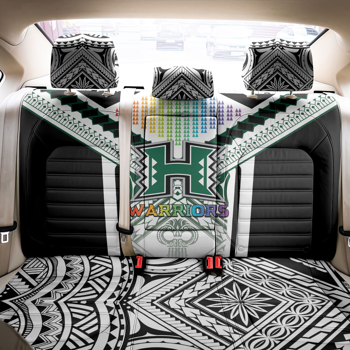 Hawaii Warriors Football Back Car Seat Cover Rainbow Kakau Pattern White LT05 - Polynesian Pride