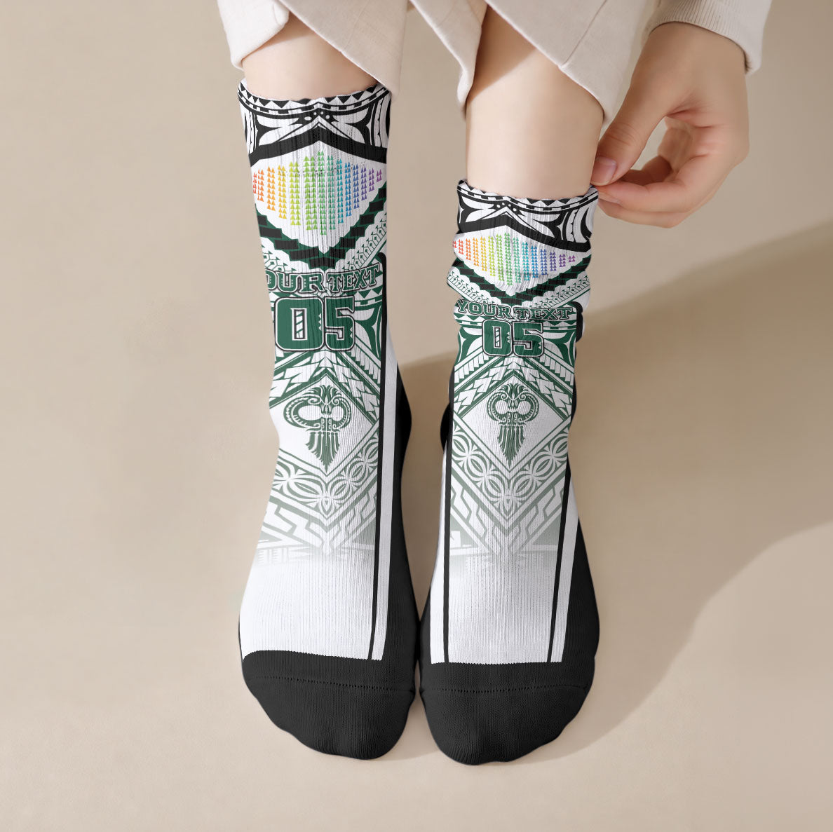 Custom Hawaii Warriors Football Crew Socks Rainbow Kakau Pattern White LT05 Crew Socks White - Polynesian Pride