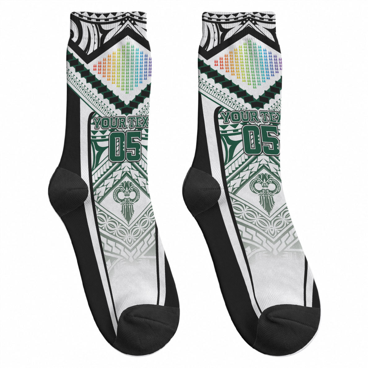 Custom Hawaii Warriors Football Crew Socks Rainbow Kakau Pattern White LT05 - Polynesian Pride