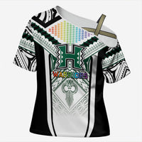 Custom Hawaii Warriors Football Cross Shoulder Shirt Rainbow Kakau Pattern White LT05 Female White - Polynesian Pride