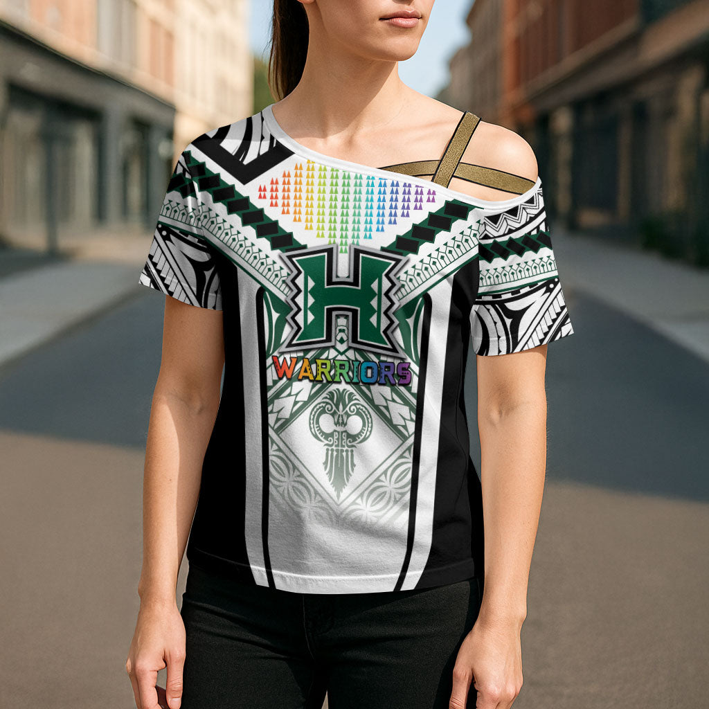 Custom Hawaii Warriors Football Cross Shoulder Shirt Rainbow Kakau Pattern White LT05 - Polynesian Pride