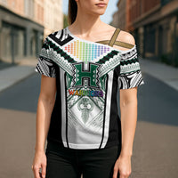 Custom Hawaii Warriors Football Cross Shoulder Shirt Rainbow Kakau Pattern White LT05 - Polynesian Pride