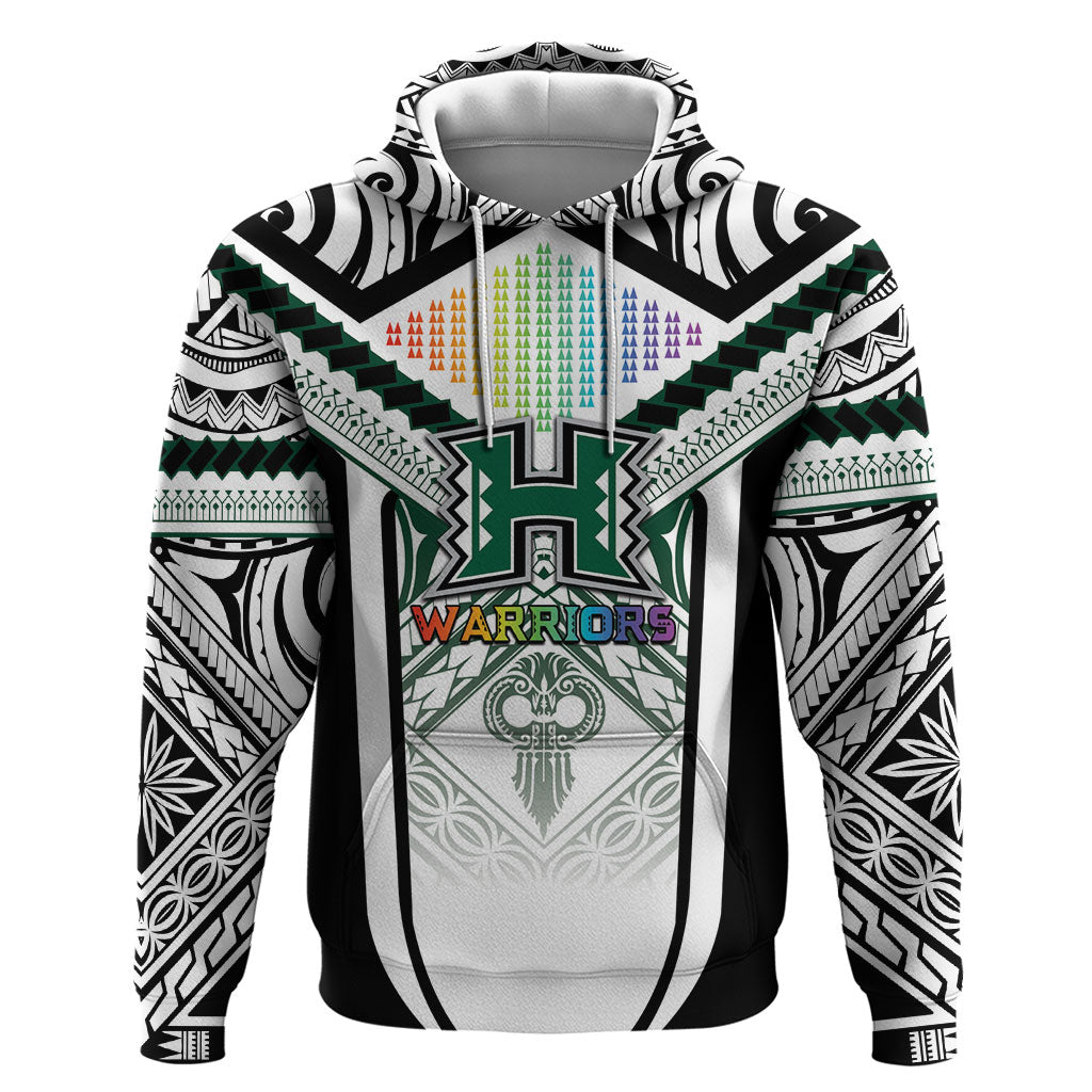 Custom Hawaii Warriors Football Hoodie Rainbow Kakau Pattern White LT05 Pullover Hoodie White - Polynesian Pride