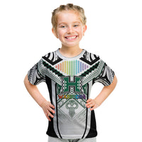 Custom Hawaii Warriors Football Kid T Shirt Rainbow Kakau Pattern White LT05 White - Polynesian Pride