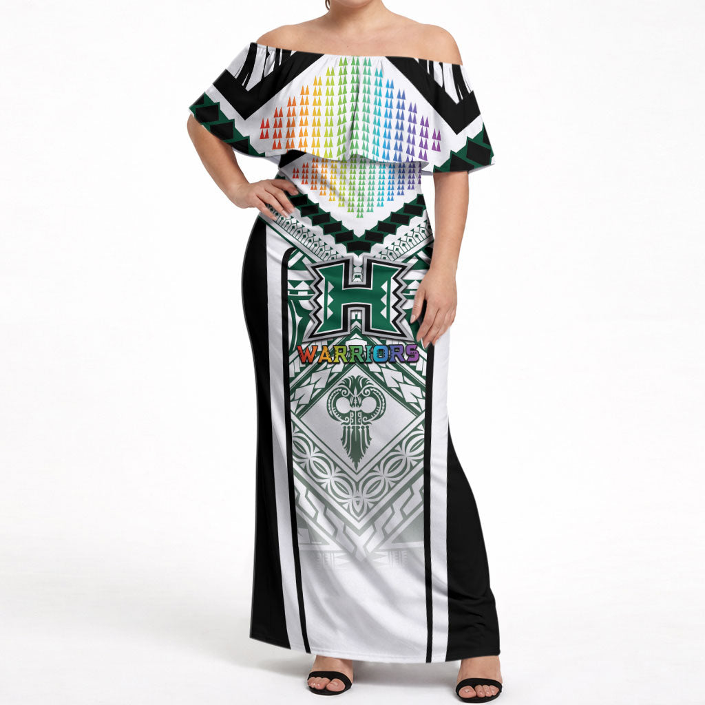 Custom Hawaii Warriors Football Off Shoulder Maxi Dress Rainbow Kakau Pattern White LT05 Women White - Polynesian Pride