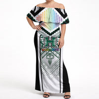 Custom Hawaii Warriors Football Off Shoulder Maxi Dress Rainbow Kakau Pattern White LT05 Women White - Polynesian Pride
