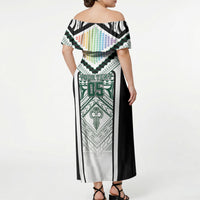 Custom Hawaii Warriors Football Off Shoulder Maxi Dress Rainbow Kakau Pattern White LT05 - Polynesian Pride