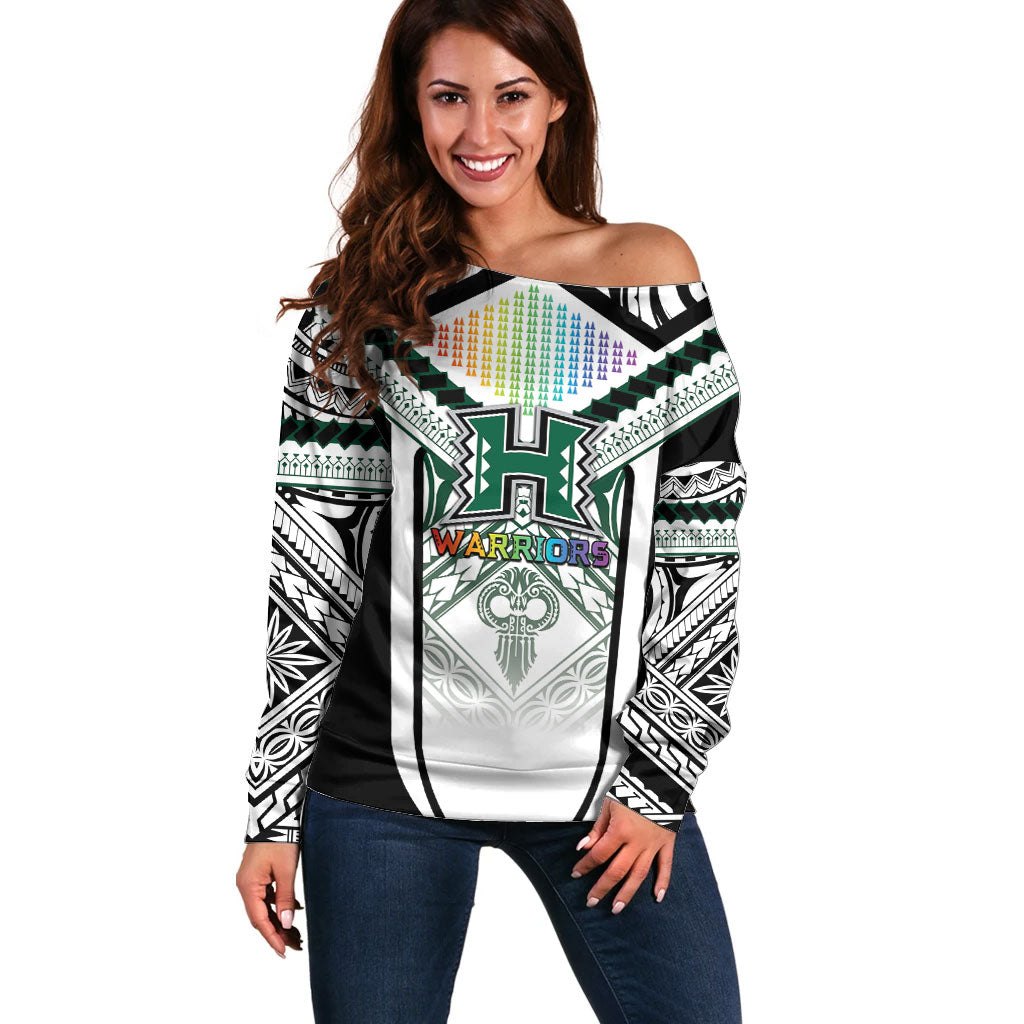Custom Hawaii Warriors Football Off Shoulder Sweater Rainbow Kakau Pattern White LT05 Women White - Polynesian Pride