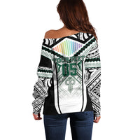 Custom Hawaii Warriors Football Off Shoulder Sweater Rainbow Kakau Pattern White LT05 - Polynesian Pride