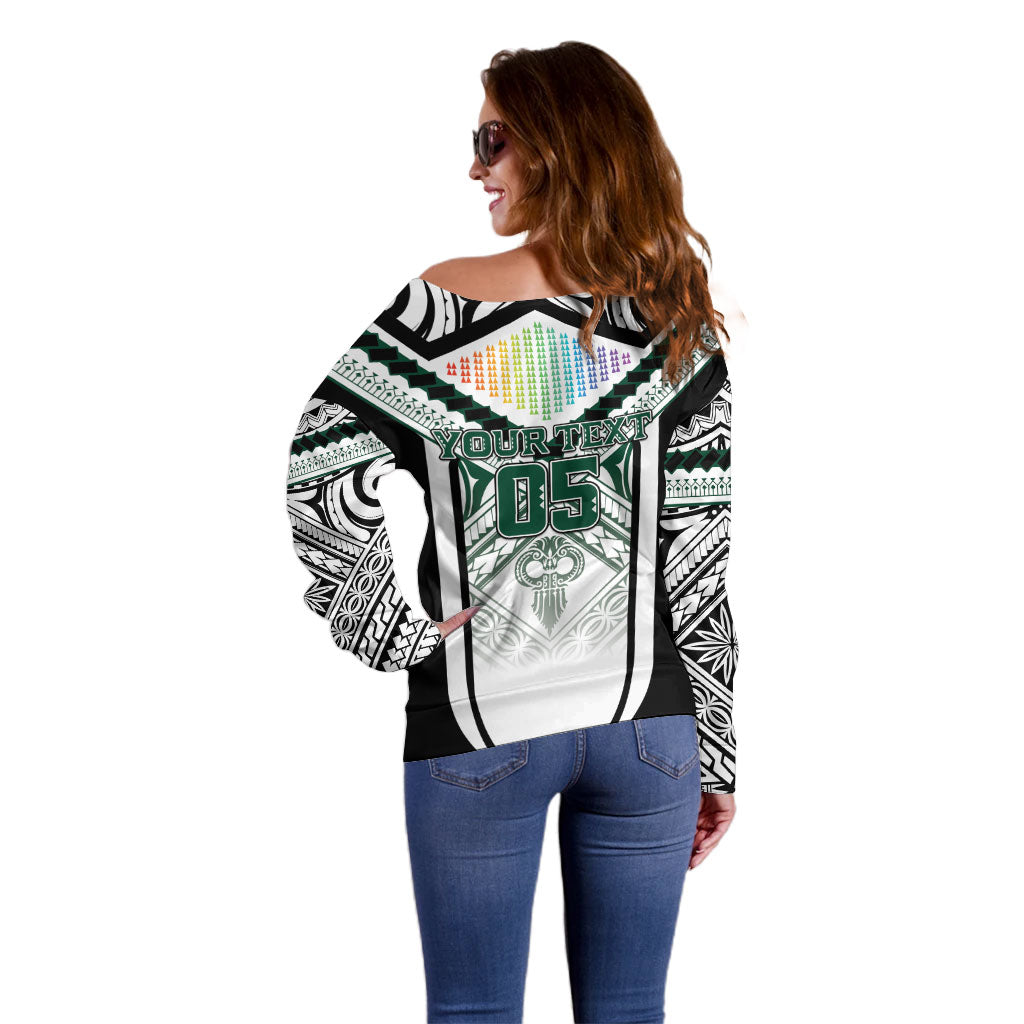 Custom Hawaii Warriors Football Off Shoulder Sweater Rainbow Kakau Pattern White LT05 - Polynesian Pride