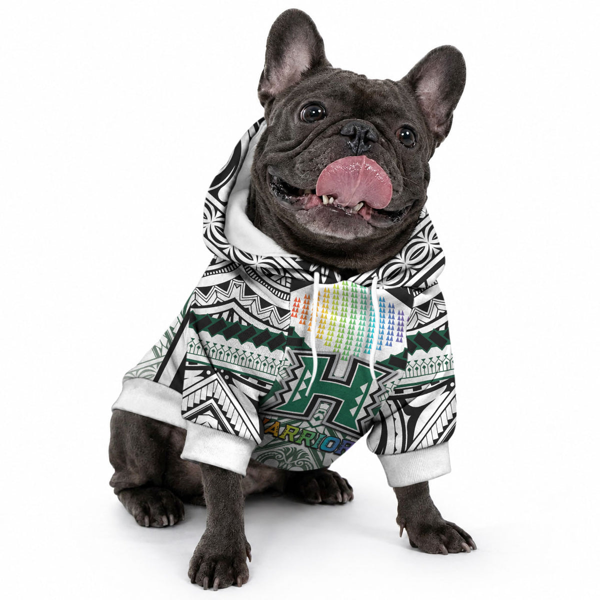 Custom Hawaii Warriors Football Pet Hoodie Rainbow Kakau Pattern White LT05 - Polynesian Pride