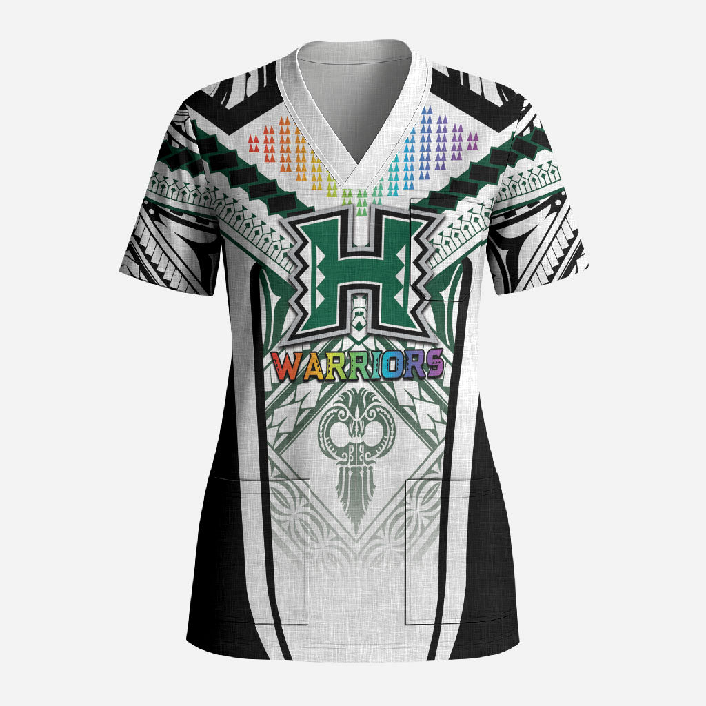 Custom Hawaii Warriors Football Scrub Top Rainbow Kakau Pattern White LT05 Adult White - Polynesian Pride