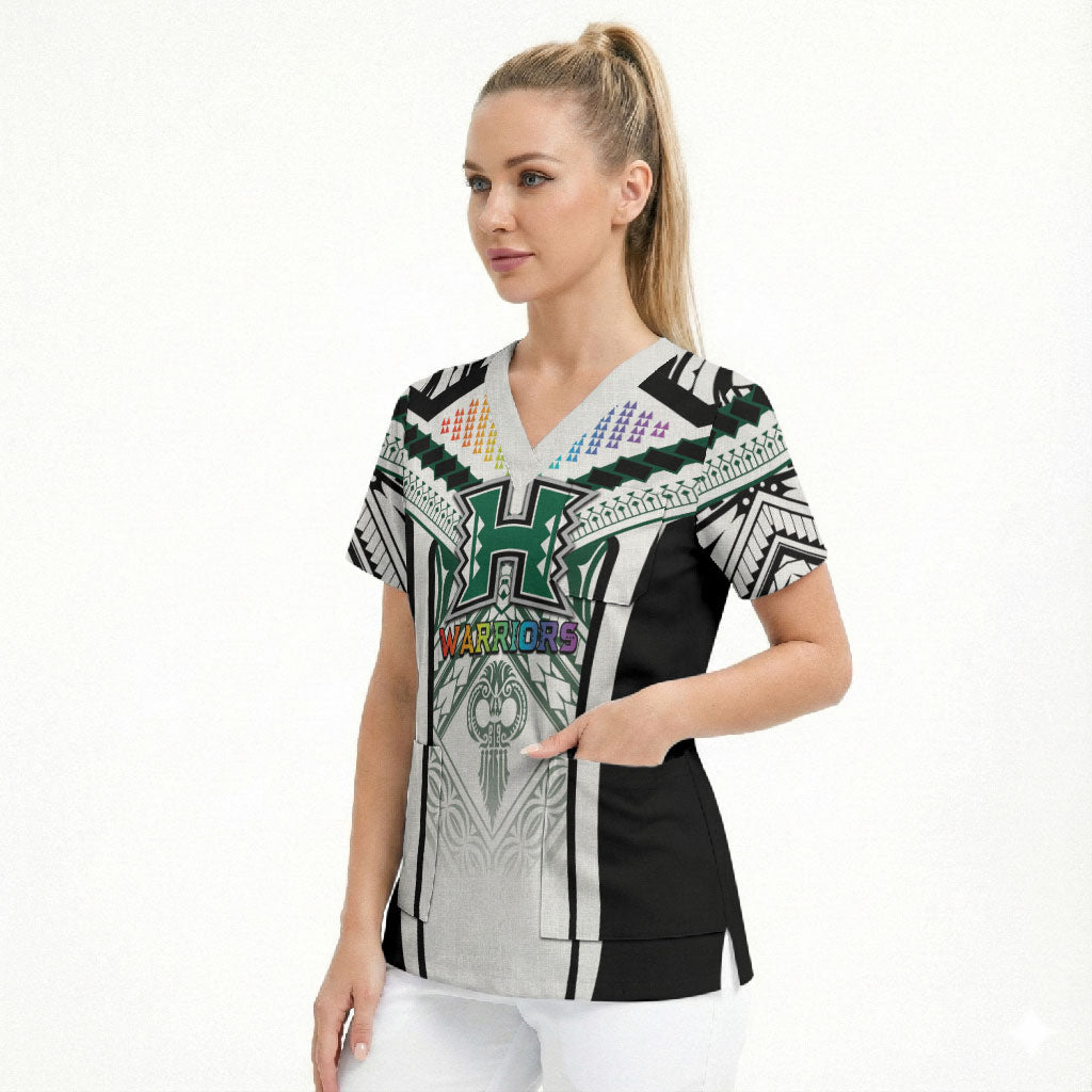 Custom Hawaii Warriors Football Scrub Top Rainbow Kakau Pattern White LT05 - Polynesian Pride