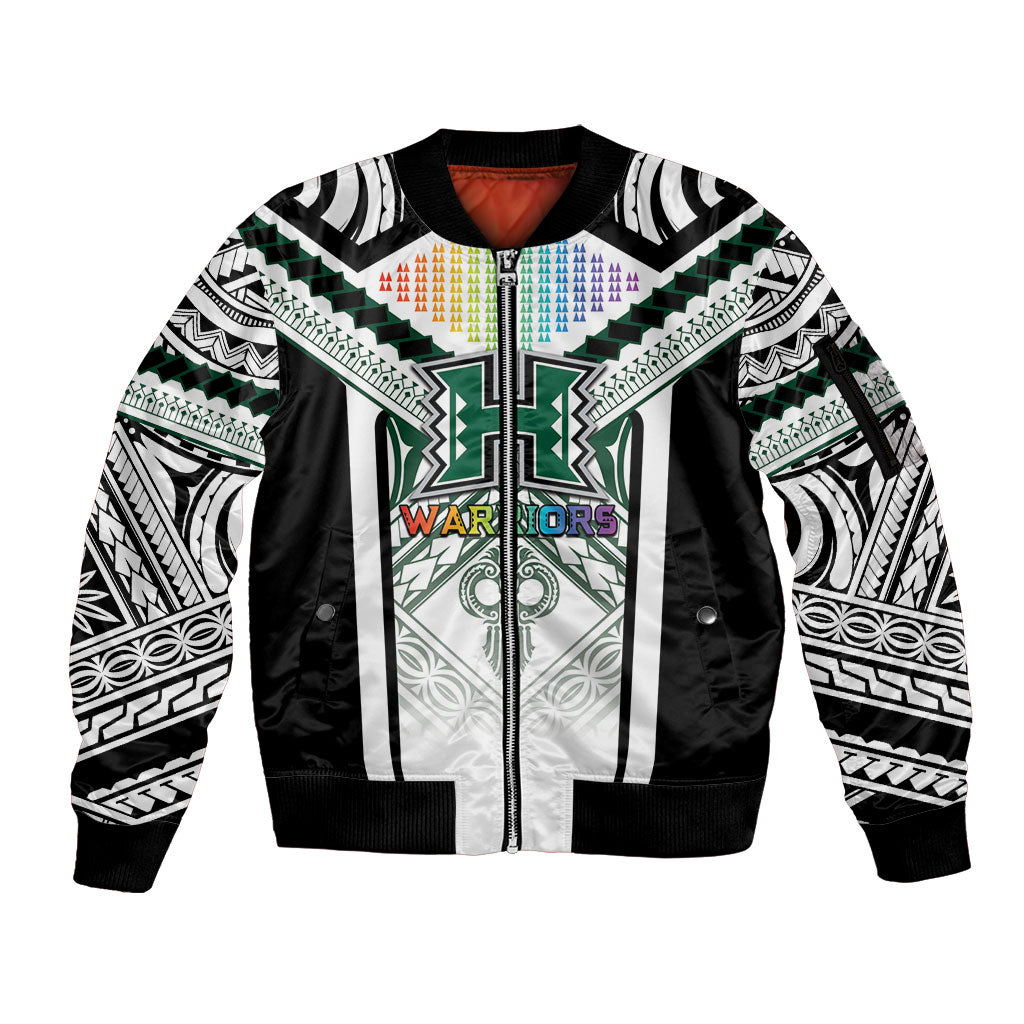 Custom Hawaii Warriors Football Sleeve Zip Bomber Jacket Rainbow Kakau Pattern White LT05 Unisex White - Polynesian Pride