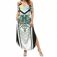 Custom Hawaii Warriors Football Summer Maxi Dress Rainbow Kakau Pattern White LT05 Women White - Polynesian Pride