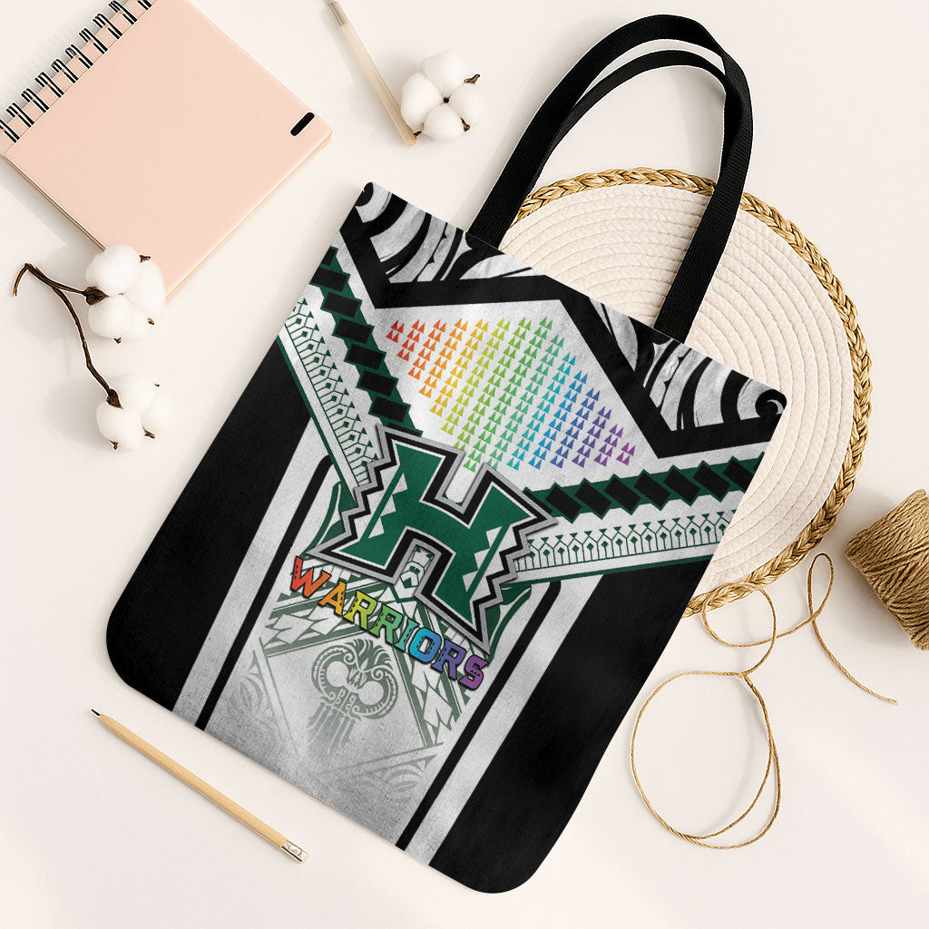 Hawaii Warriors Football Tote Bag Rainbow Kakau Pattern White LT05 Black Strap One Size White - Polynesian Pride
