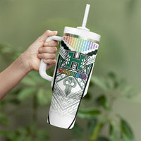 Custom Hawaii Warriors Football Tumbler With Handle Rainbow Kakau Pattern White LT05 - Polynesian Pride