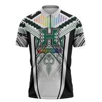 Custom Hawaii Warriors Football Zipper Polo Shirt Rainbow Kakau Pattern White LT05 White - Polynesian Pride