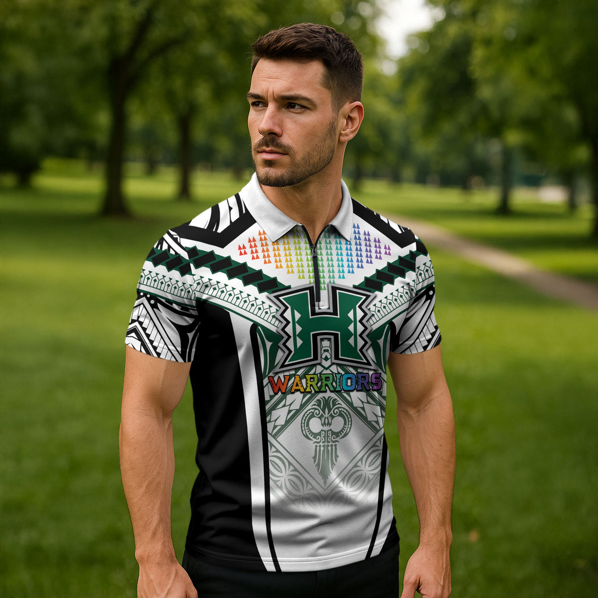 Custom Hawaii Warriors Football Zipper Polo Shirt Rainbow Kakau Pattern White LT05 - Polynesian Pride