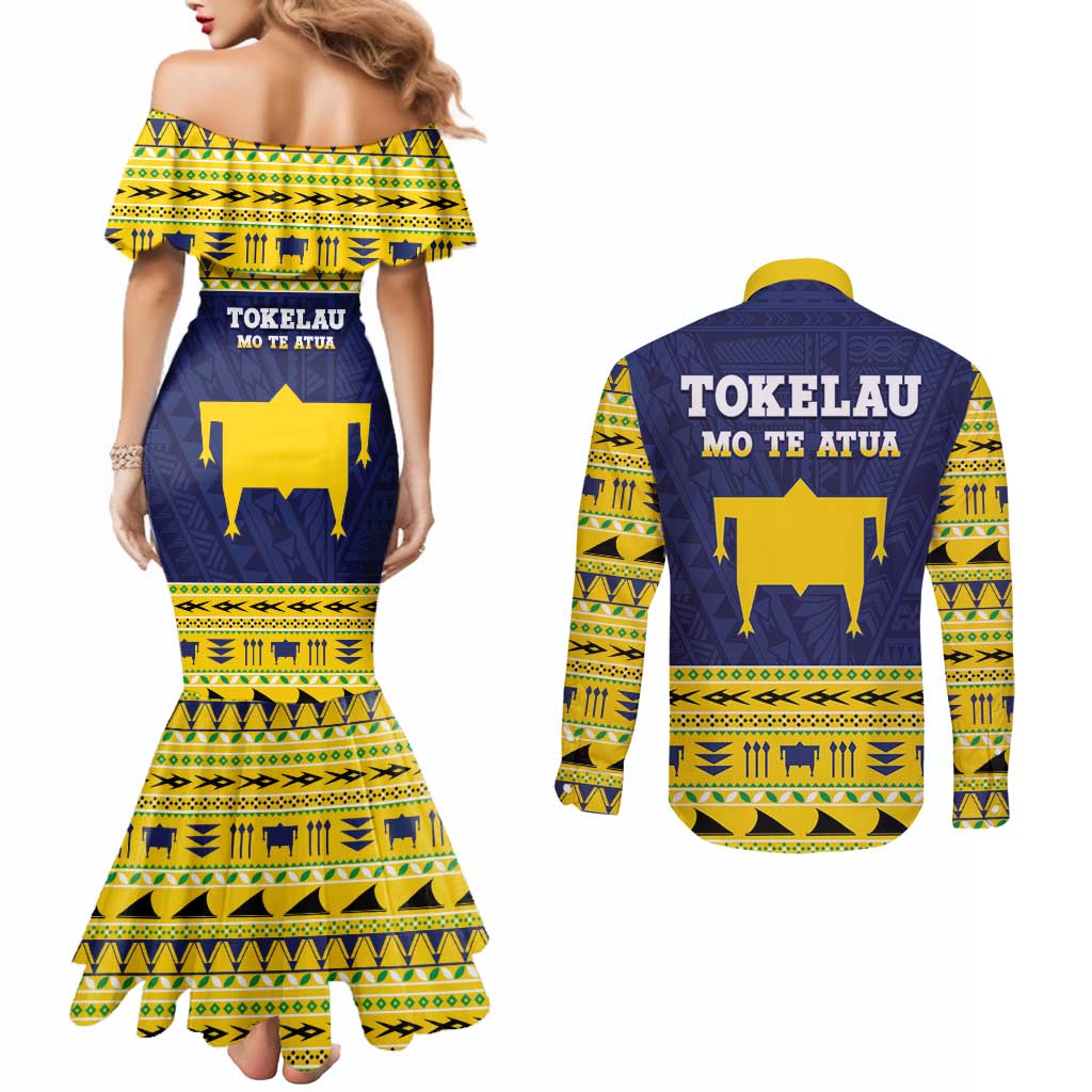 Tokelau Christmas Couples Matching Mermaid Dress and Long Sleeve Button Shirt Tokelauan Turtle Santa Sleigh