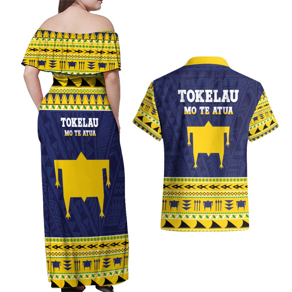 Tokelau Christmas Couples Matching Off Shoulder Maxi Dress and Hawaiian Shirt Tokelauan Turtle Santa Sleigh