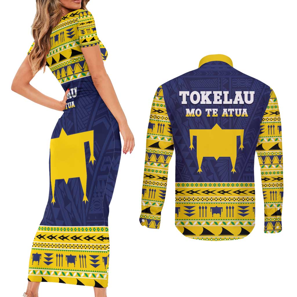Tokelau Christmas Couples Matching Short Sleeve Bodycon Dress and Long Sleeve Button Shirt Tokelauan Turtle Santa Sleigh