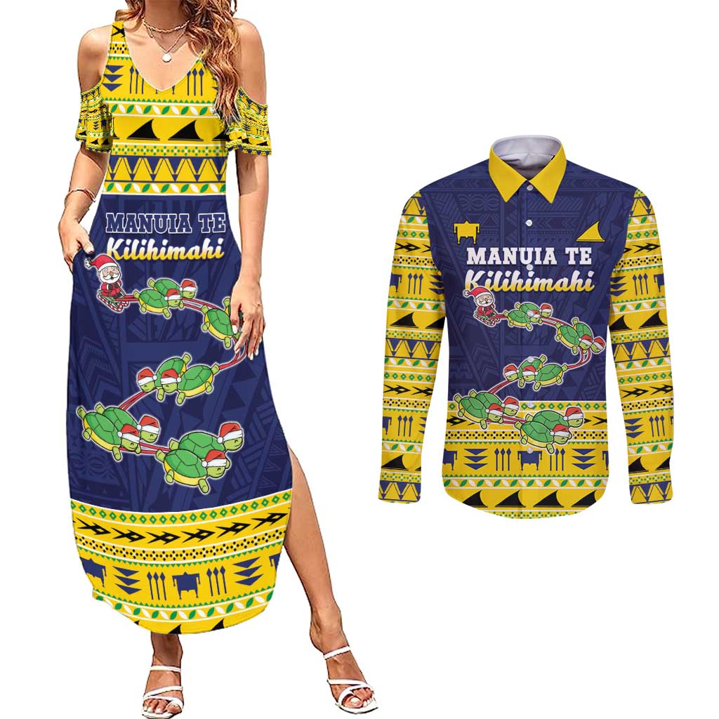 Tokelau Christmas Couples Matching Summer Maxi Dress and Long Sleeve Button Shirt Tokelauan Turtle Santa Sleigh