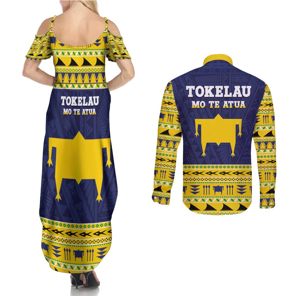 Tokelau Christmas Couples Matching Summer Maxi Dress and Long Sleeve Button Shirt Tokelauan Turtle Santa Sleigh