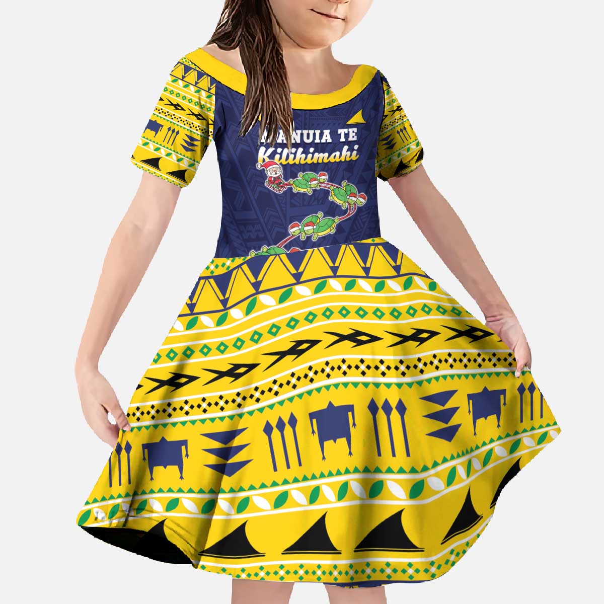 Tokelau Christmas Family Matching Off The Shoulder Long Sleeve Dress and Hawaiian Shirt Tokelauan Turtle Santa Sleigh