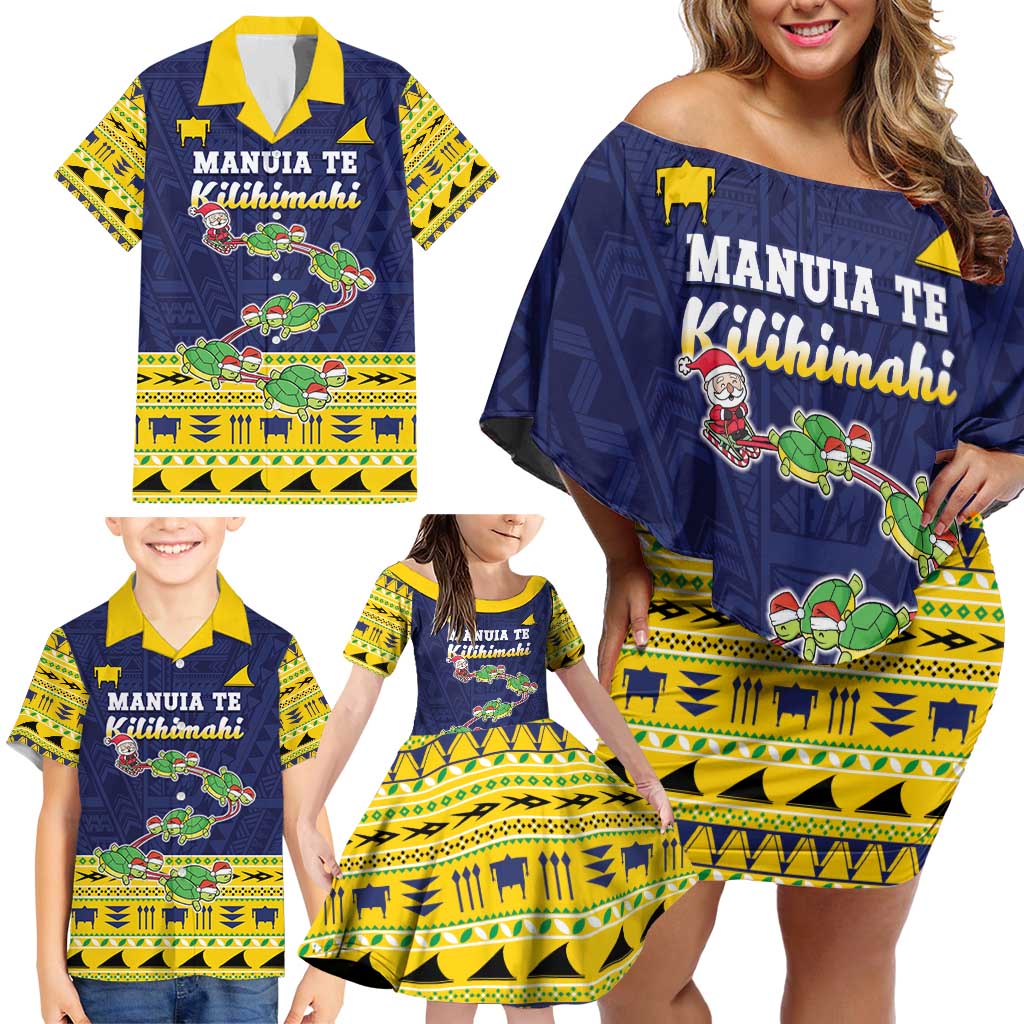 Tokelau Christmas Family Matching Off Shoulder Short Dress and Hawaiian Shirt Tokelauan Turtle Santa Sleigh