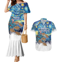 New Zealand Christmas Couples Matching Mermaid Dress and Hawaiian Shirt Kiwis Santa Sleigh Starry Night Style LT05 Blue - Polynesian Pride