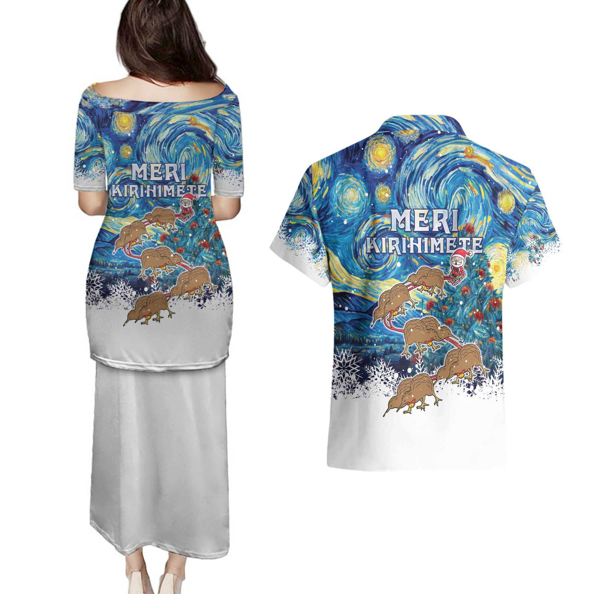 New Zealand Christmas Couples Matching Puletasi and Hawaiian Shirt Kiwis Santa Sleigh Starry Night Style LT05 - Polynesian Pride
