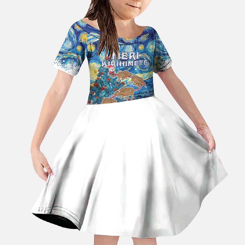 New Zealand Christmas Family Matching Long Sleeve Bodycon Dress and Hawaiian Shirt Kiwis Santa Sleigh Starry Night Style LT05 Daughter's Dress Blue - Polynesian Pride
