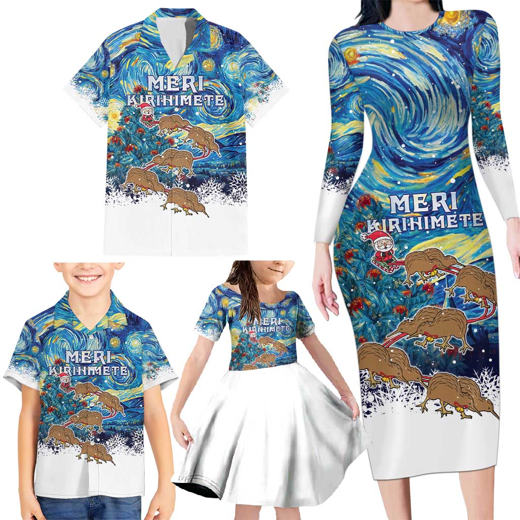 New Zealand Christmas Family Matching Long Sleeve Bodycon Dress and Hawaiian Shirt Kiwis Santa Sleigh Starry Night Style LT05 - Polynesian Pride