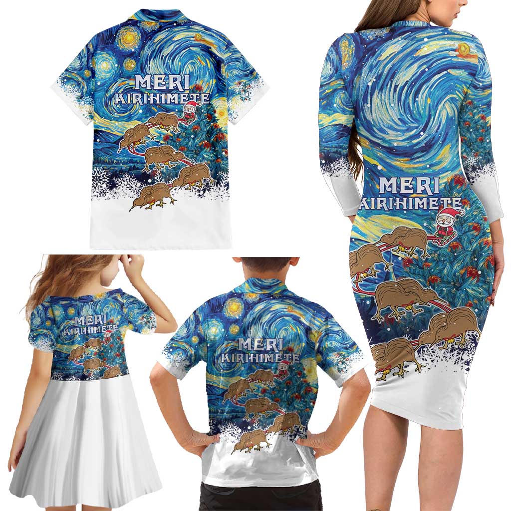 New Zealand Christmas Family Matching Long Sleeve Bodycon Dress and Hawaiian Shirt Kiwis Santa Sleigh Starry Night Style LT05 - Polynesian Pride