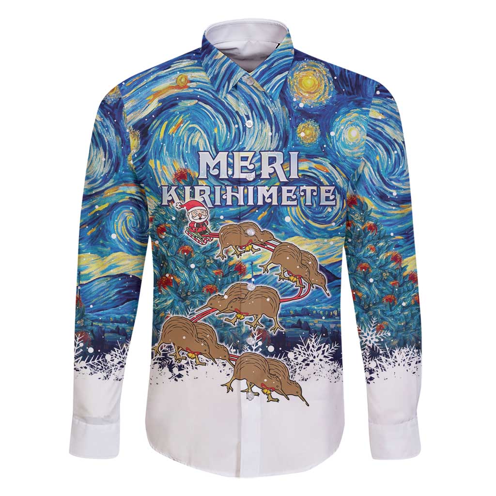 New Zealand Christmas Family Matching Long Sleeve Bodycon Dress and Hawaiian Shirt Kiwis Santa Sleigh Starry Night Style LT05 Dad's Shirt - Long Sleeve Blue - Polynesian Pride
