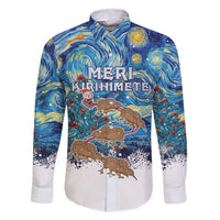 New Zealand Christmas Family Matching Long Sleeve Bodycon Dress and Hawaiian Shirt Kiwis Santa Sleigh Starry Night Style LT05 Dad's Shirt - Long Sleeve Blue - Polynesian Pride