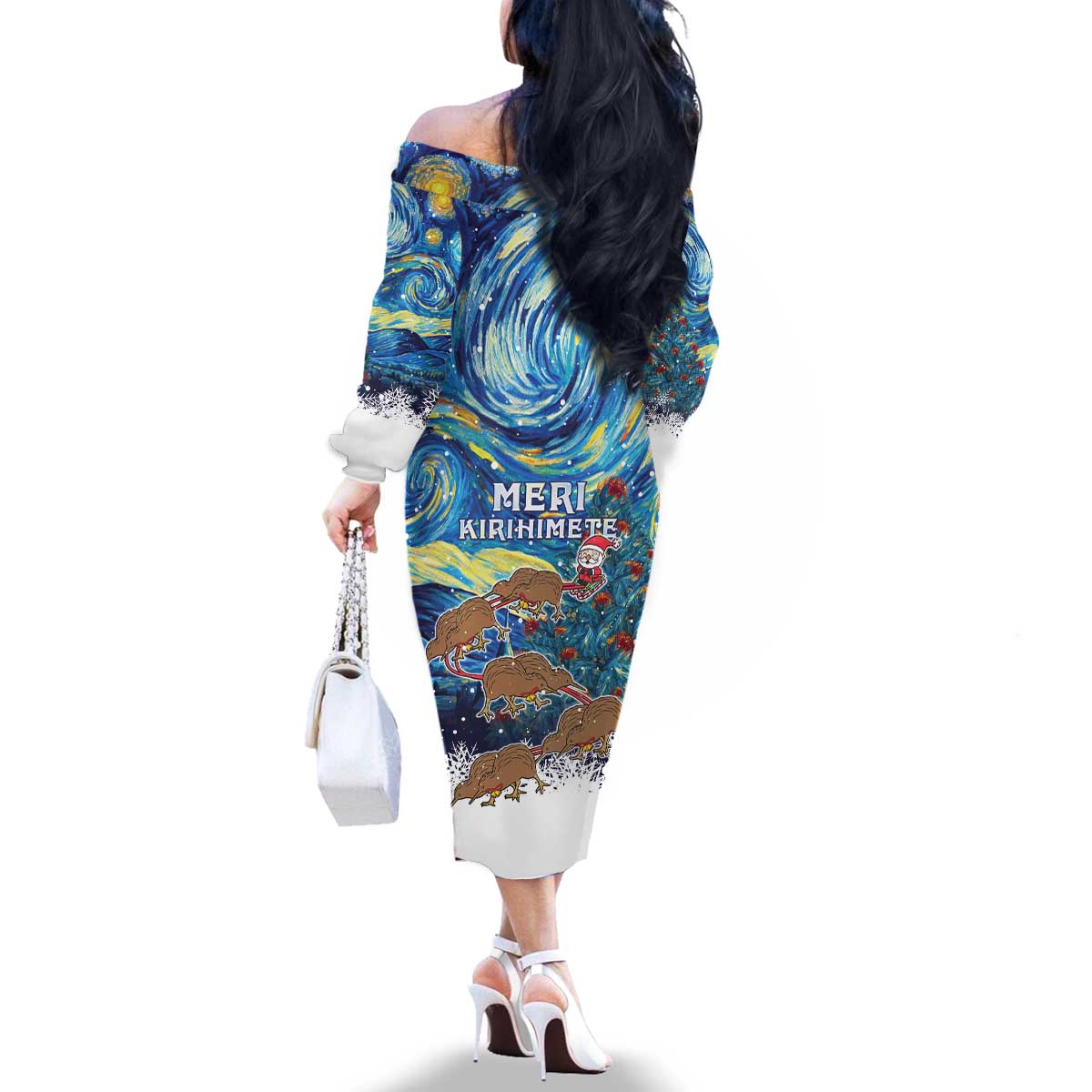 New Zealand Christmas Family Matching Off The Shoulder Long Sleeve Dress and Hawaiian Shirt Kiwis Santa Sleigh Starry Night Style