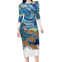 New Zealand Christmas Long Sleeve Bodycon Dress Kiwis Santa Sleigh Starry Night Style LT05 Long Dress Blue - Polynesian Pride