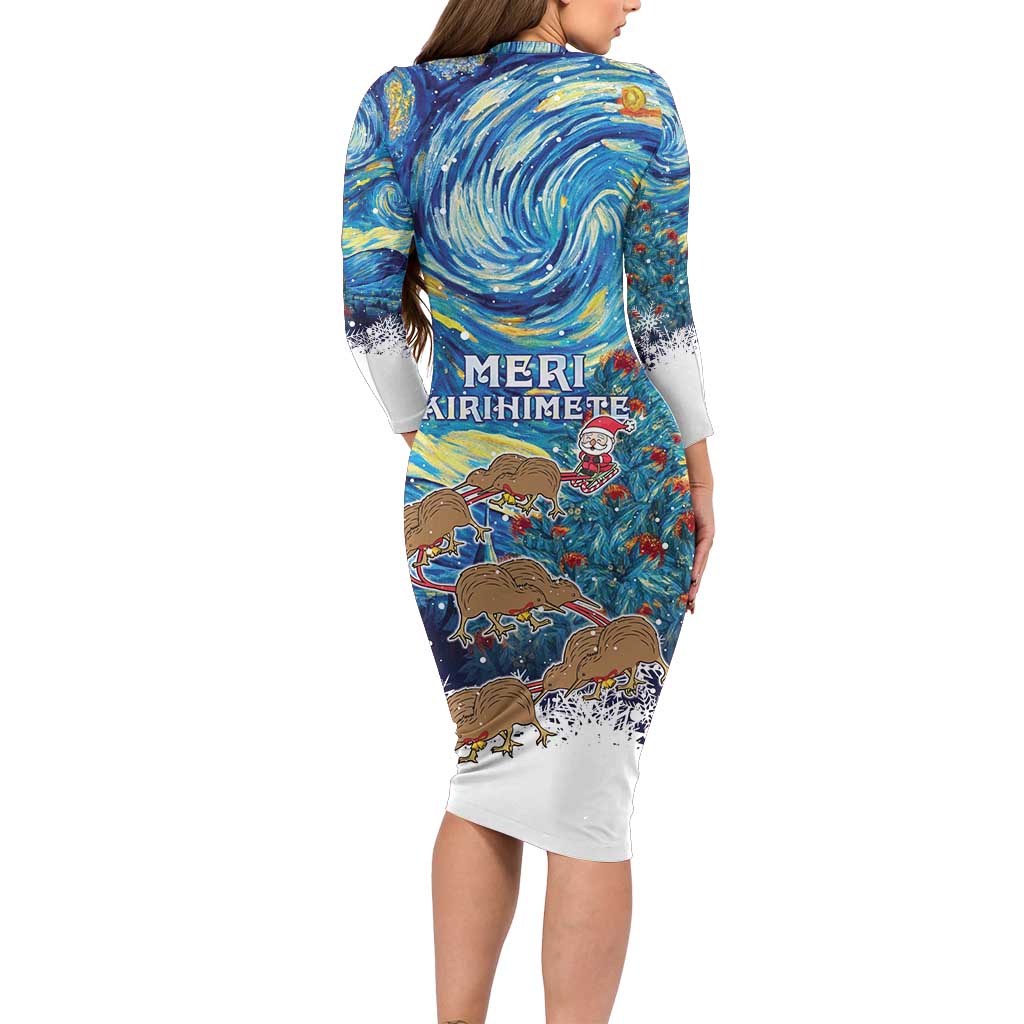 New Zealand Christmas Long Sleeve Bodycon Dress Kiwis Santa Sleigh Starry Night Style LT05 - Polynesian Pride