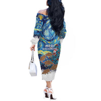 New Zealand Christmas Off The Shoulder Long Sleeve Dress Kiwis Santa Sleigh Starry Night Style