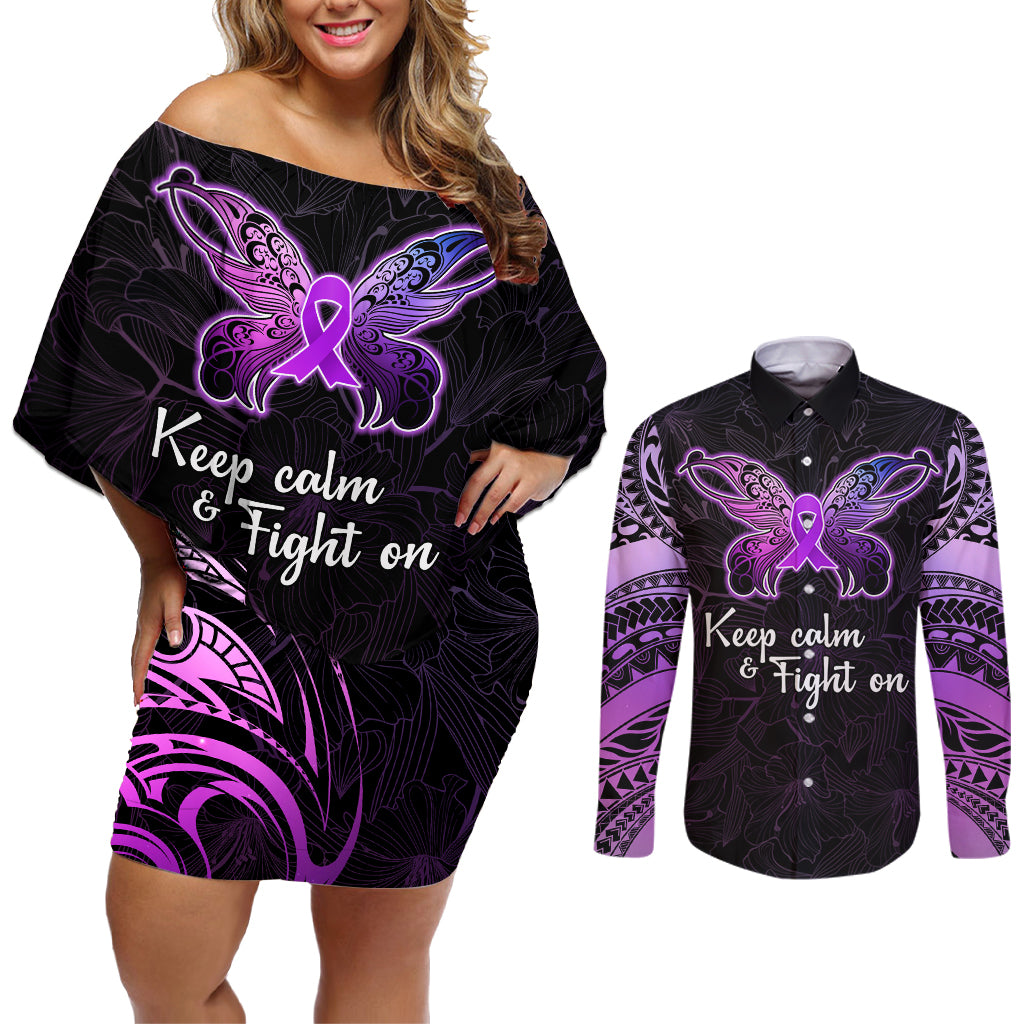 Pancreatic Cancer Awareness Couples Matching Off Shoulder Short Dress and Long Sleeve Button Shirt Keep Calm And Fight On Polynesian Pattern LT05 Purple - Polynesian Pride