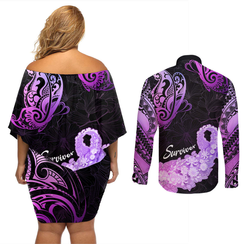 Pancreatic Cancer Awareness Couples Matching Off Shoulder Short Dress and Long Sleeve Button Shirt Keep Calm And Fight On Polynesian Pattern LT05 - Polynesian Pride